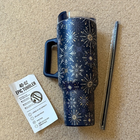 Other - Navy Snowflake Tumbler with Straw